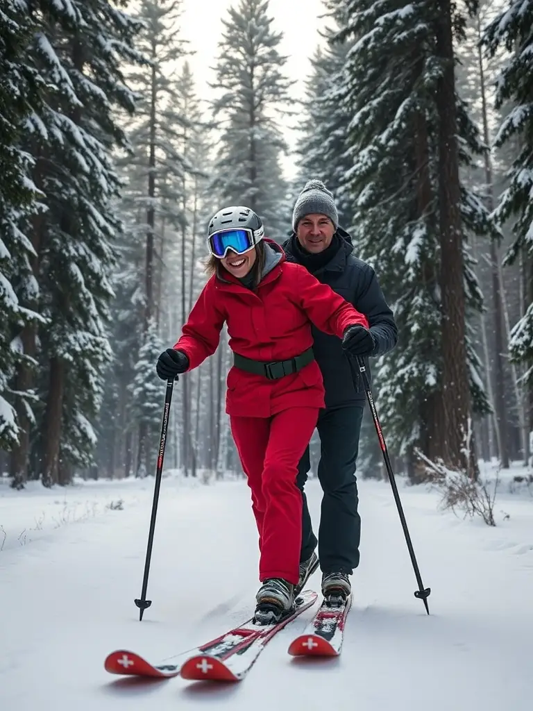 A person with a visual impairment confidently cross-country skiing through a snowy forest, guided by an instructor. The scene emphasizes the joy and accessibility of the sport.