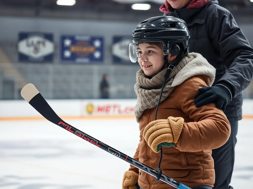 A person with a visual impairment using adaptive equipment to play a game of hockey on an ice rink, with a guide assisting them.