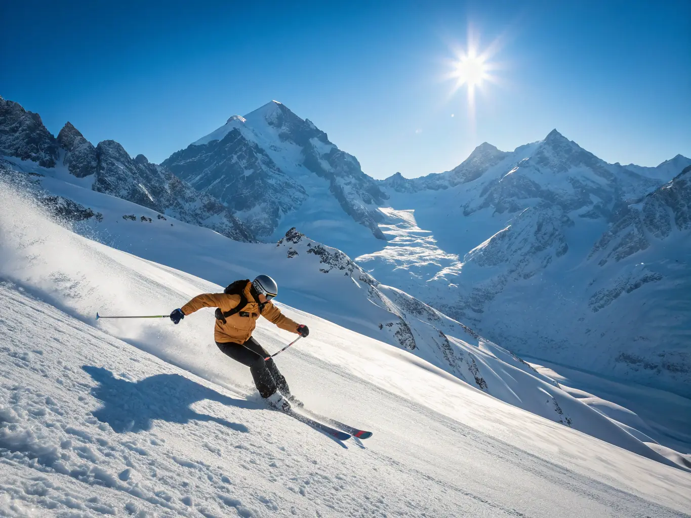 A person with a visual impairment is skiing down a snowy slope with the assistance of a guide, showcasing the inclusive winter sports programs offered by SOLIDARITE SPORTS ET HANDICAPS.