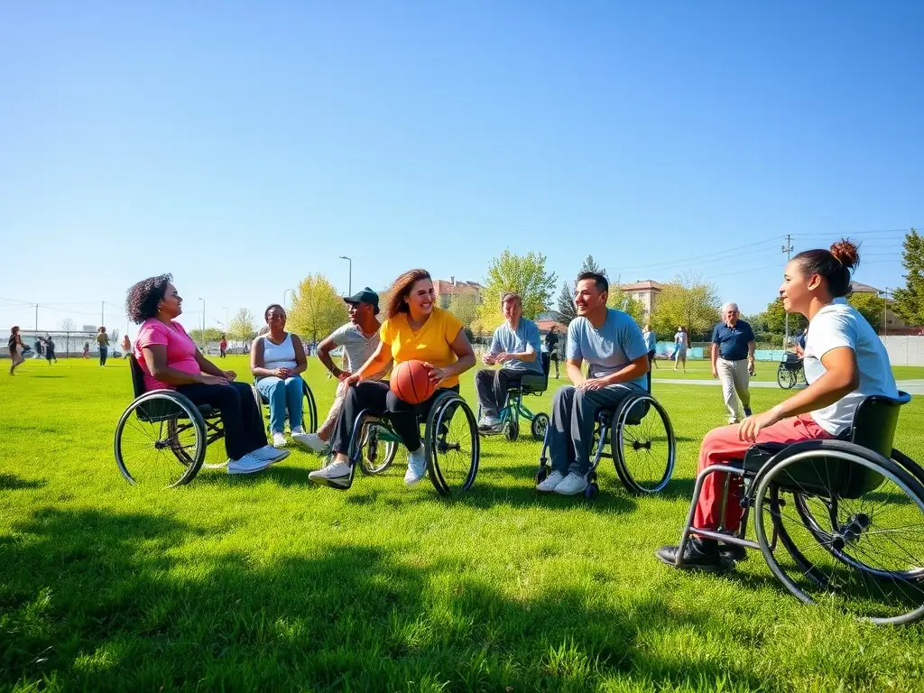 A group of people with various disabilities are participating in a recreational activity, highlighting the accessibility and inclusivity of SOLIDARITE SPORTS ET HANDICAPS's programs.