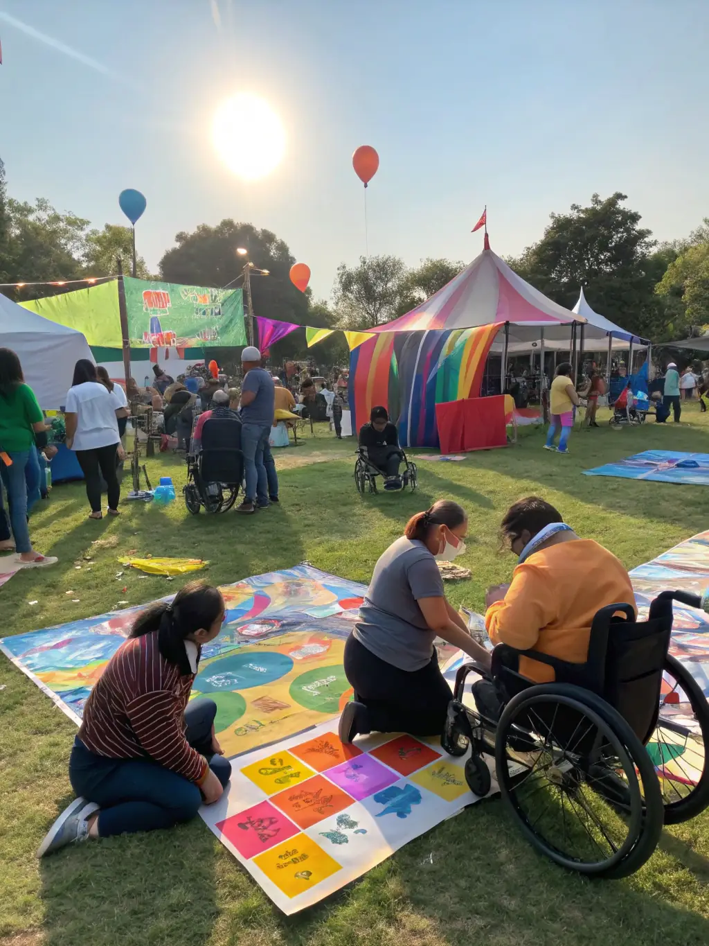 Volunteers assisting participants with disabilities in selecting and fitting adaptive sports equipment at a community event, highlighting the organization's support.