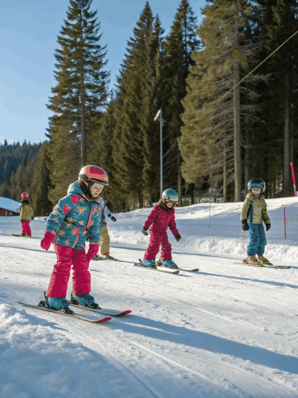A child with a hearing impairment learning to snowboard with the assistance of a specialized instructor, using visual cues and adaptive equipment.