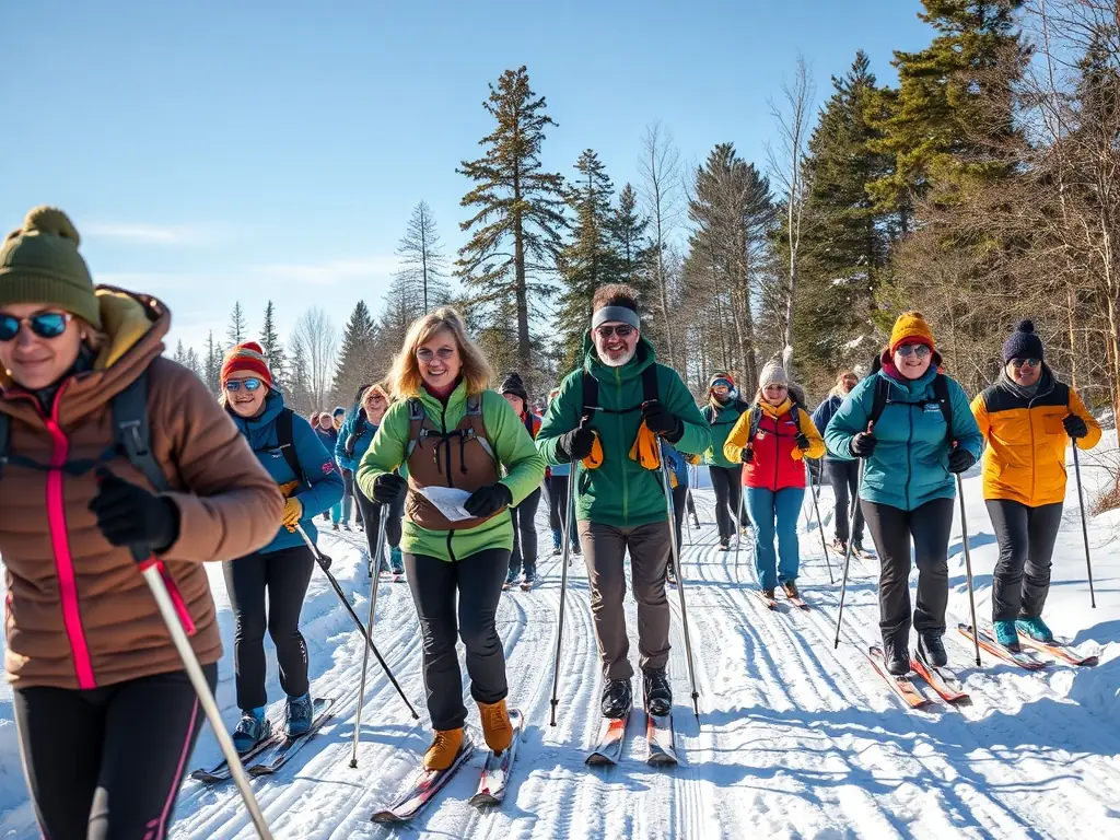 A group of people with various disabilities participating in a cross-country skiing session in a snowy forest, showcasing adaptive equipment and smiling faces.